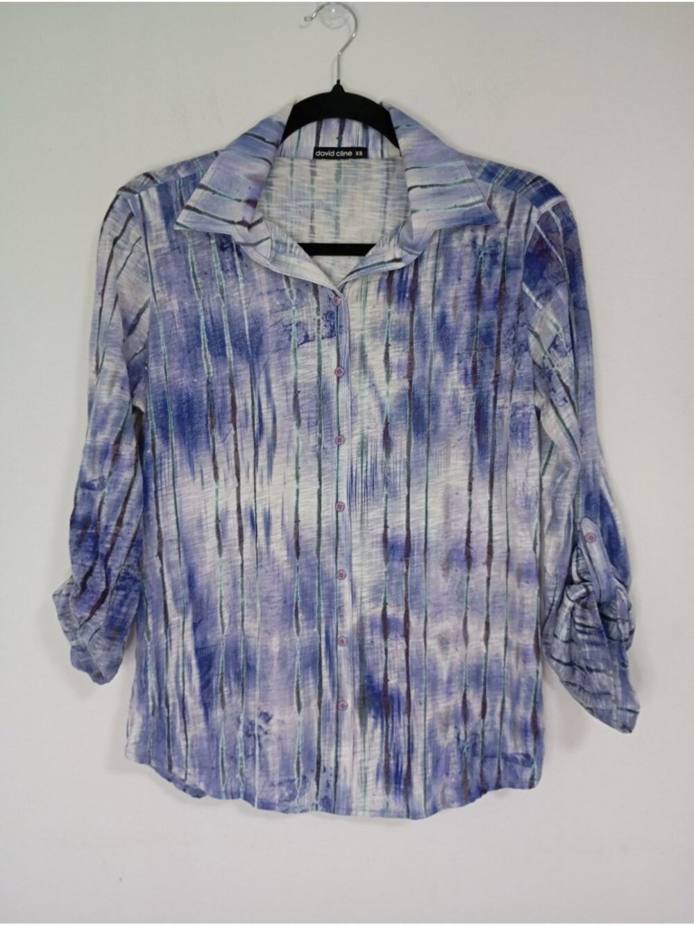 David Cline XS Button-Up Crinkle Shirt In Blue & Purple Abstract Print
